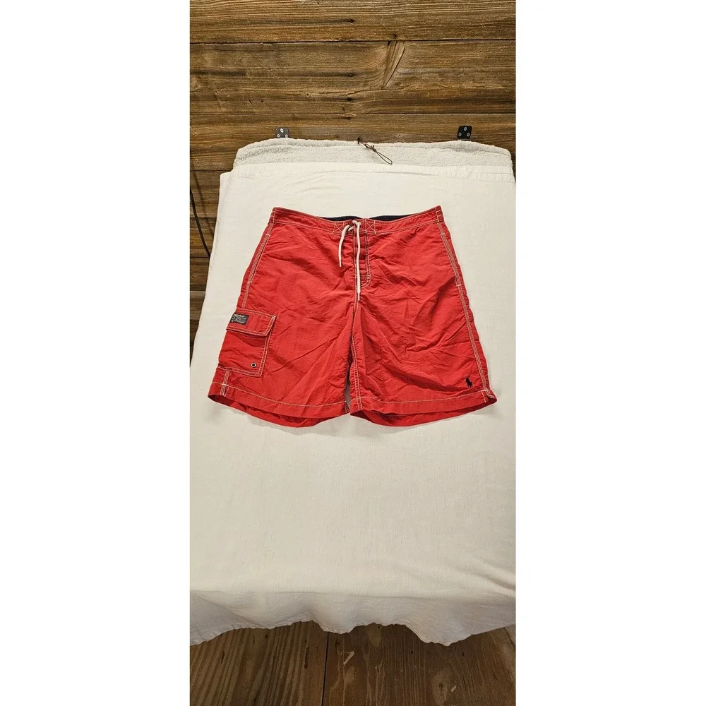 Vtg. Polo Ralph Lauren Mens Red Board Shorts Swim Trunks Cargo Pocket Size Med.